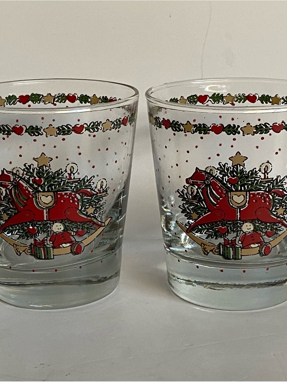 Vintage 1984 CHD Christmas Old Fashioned Glasses Rocking Horse Tree Set Of 2 EUC